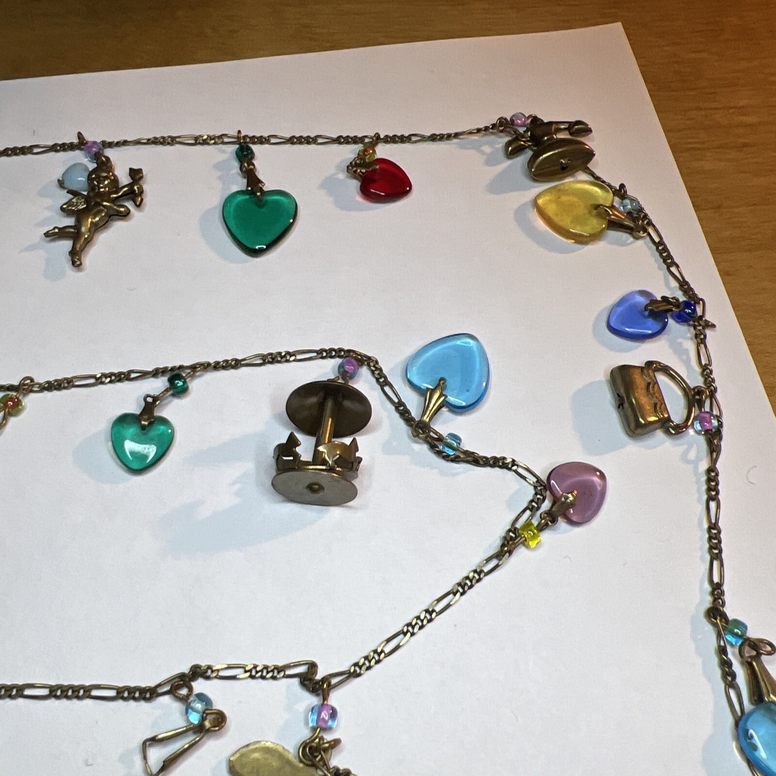 Vintage Glass Works Studio Necklace Unsigned Hearts Brass Charms Cherub