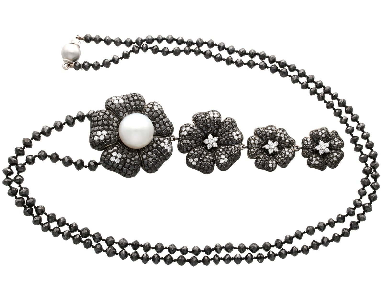 Cultured Pearl, Black Diamond, White Diamond, 18k Oxidised White Gold Pendant