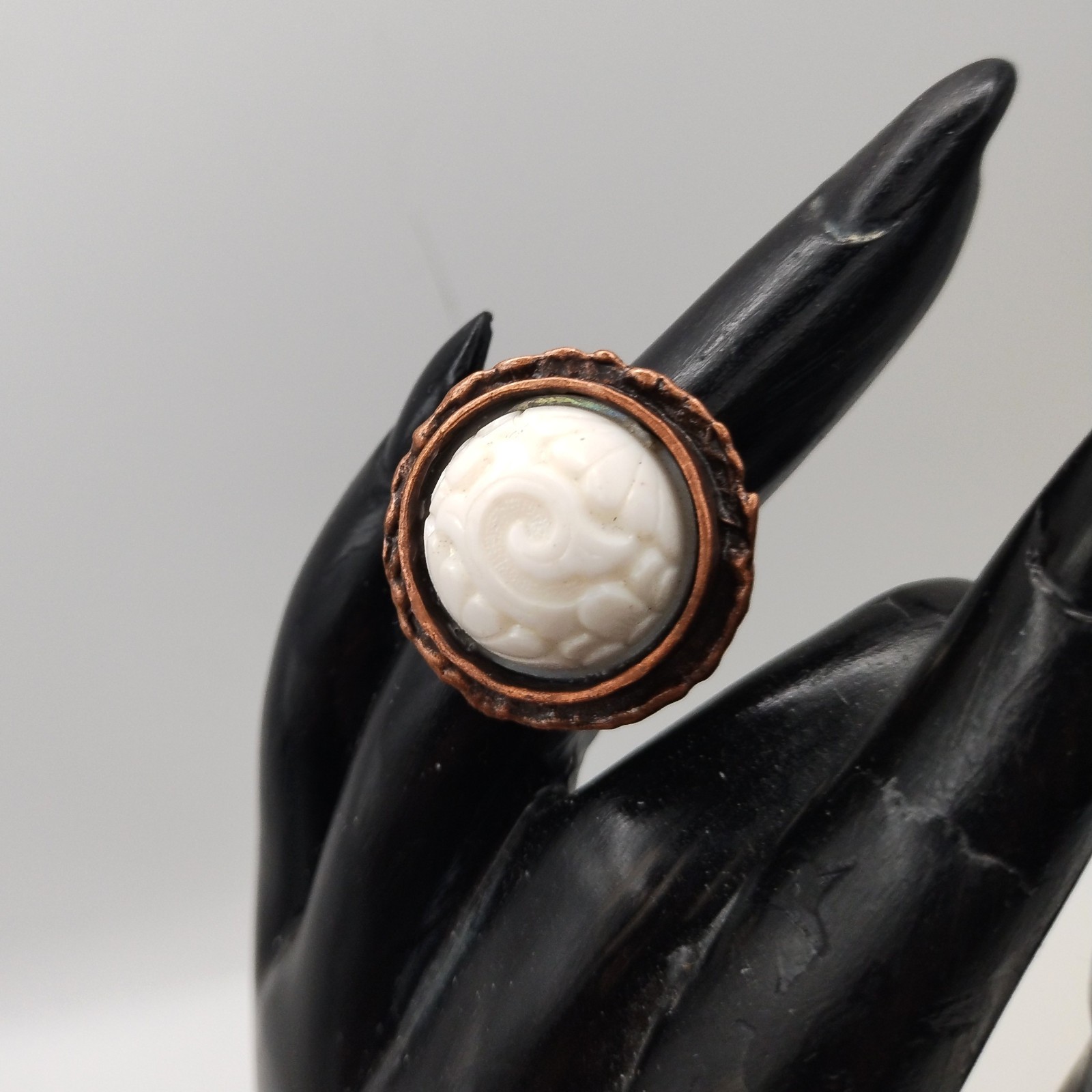 Adjustable Brutilist Style Copper Plated Ring w Vintage Opalescent Carved Stone