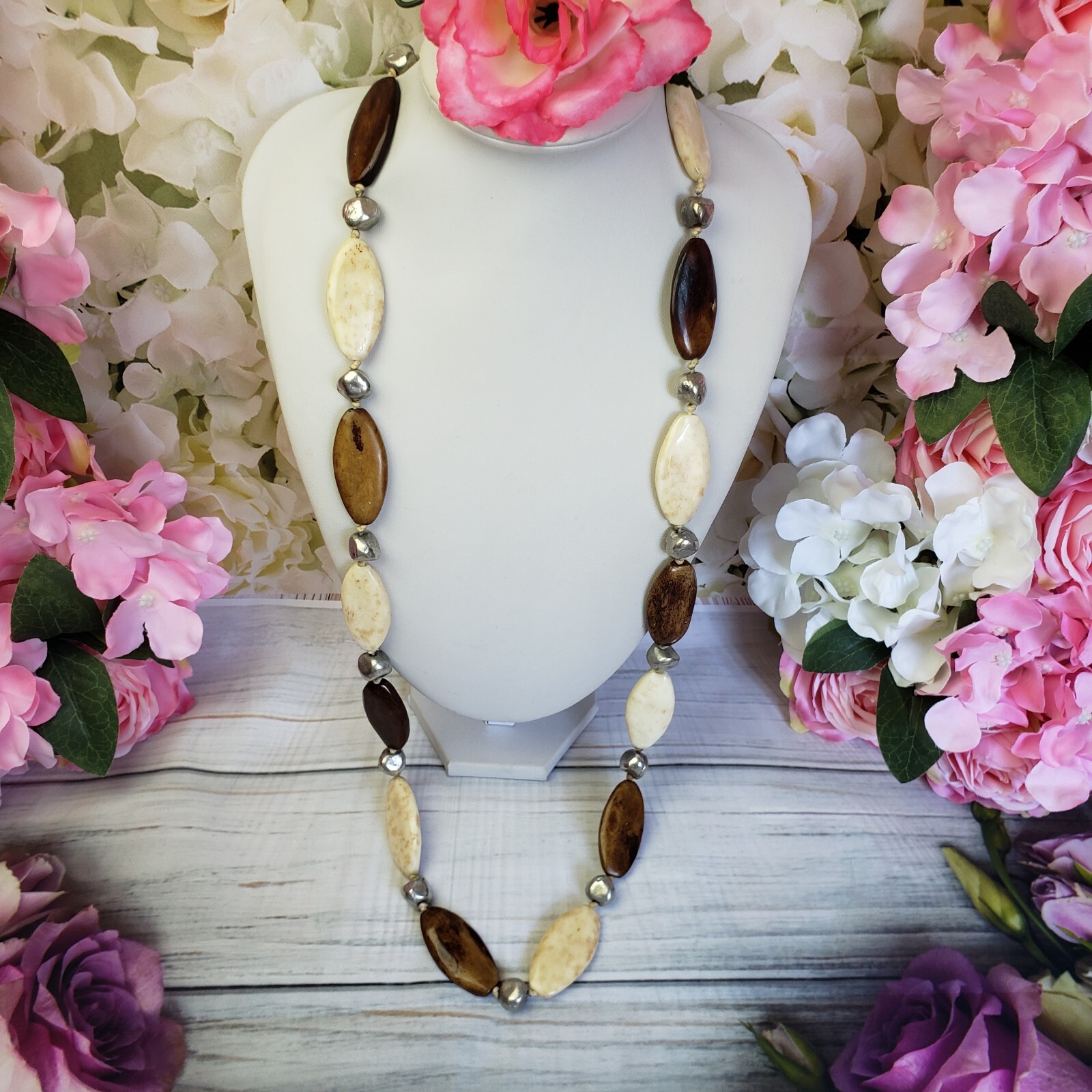 Artisan White & Brown Beaded Long Silver Tone Necklace