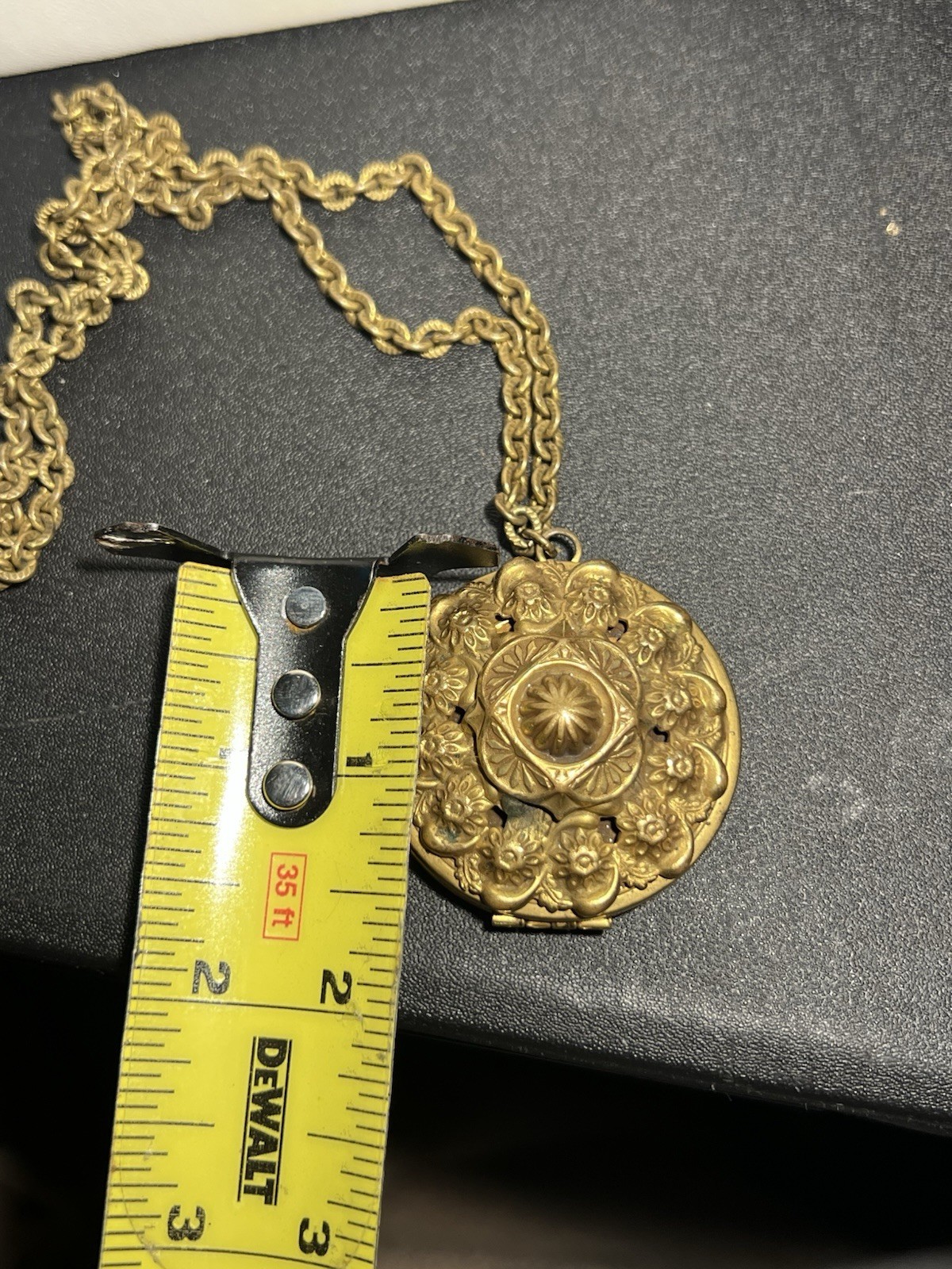 Antique Gold Tone Brass Round Locket Pendant Victorian Art Deco Necklace