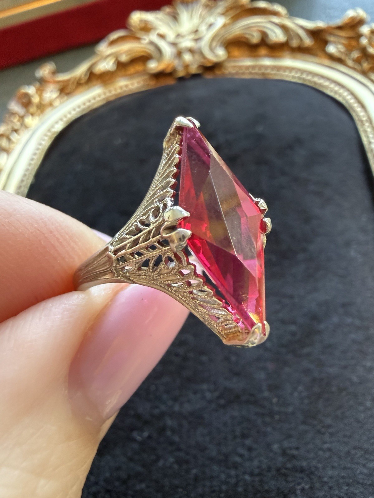 Antique Art Deco 14k White Gold Filigree Ring with a Kite Cut Ruby lab created
