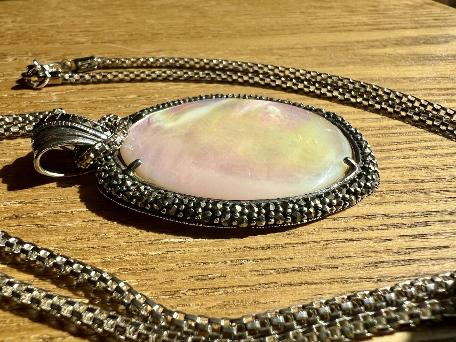 925 Sterling SilverVintage Real Mother Of Pearl & Marcasite Oxidized Pendant