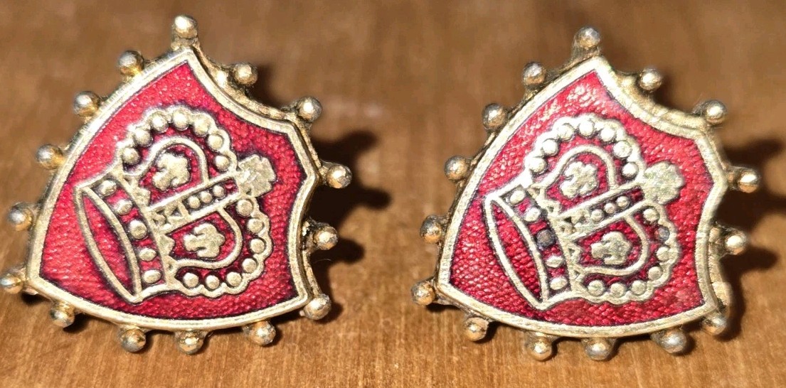 Star Crown Shield Heraldic Necklace & POST EARRINGS 1950’s 1960’s Red Enamel