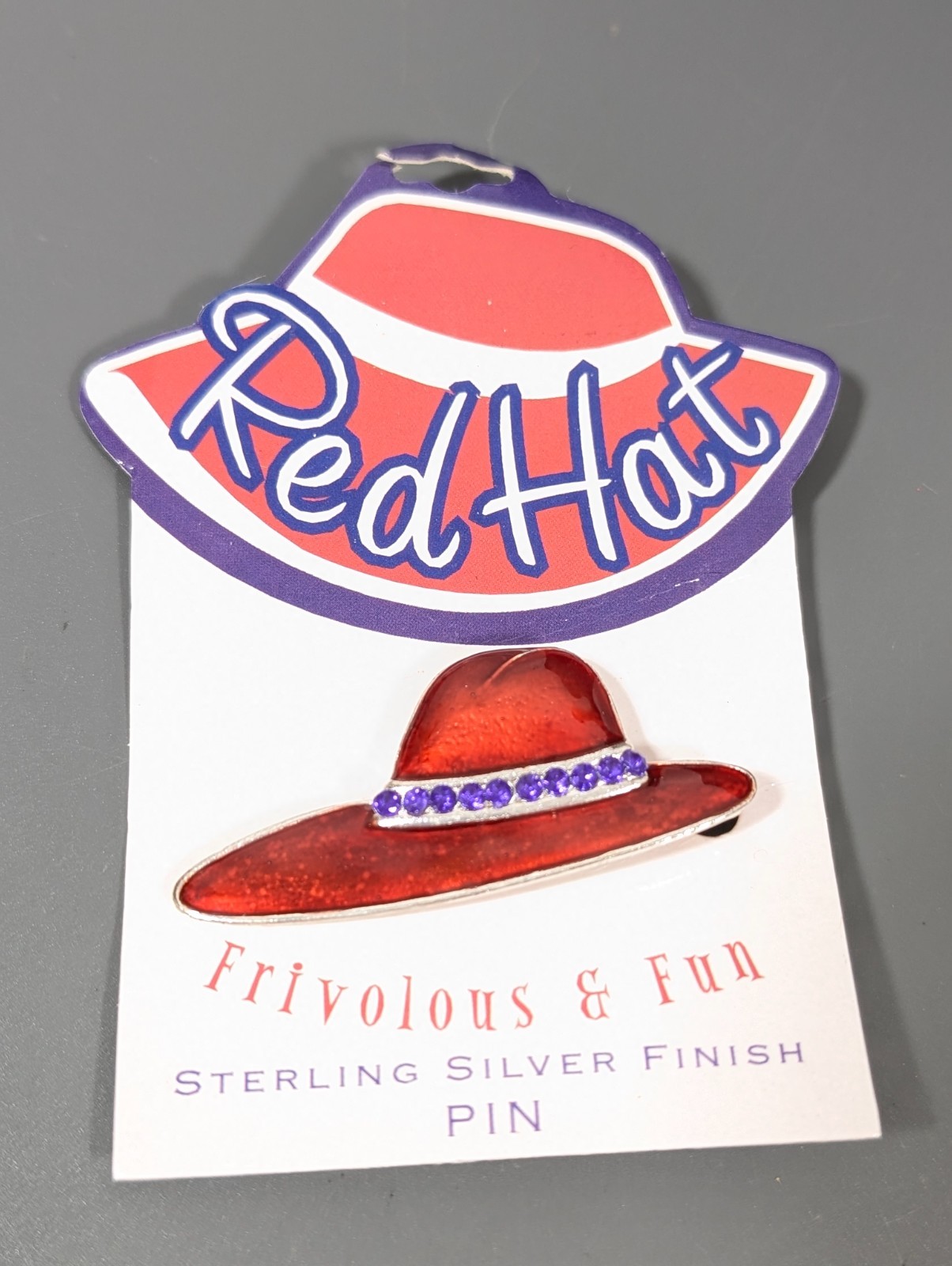 Ladies Red Enamel Hat Purple Rhinestone Brooch Pin