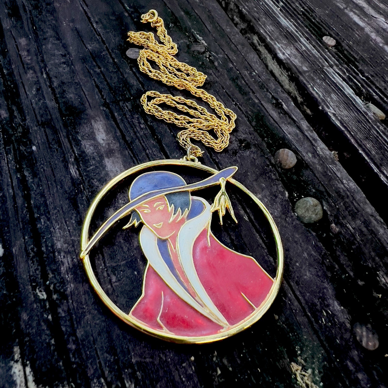 Vtg ORENA Paris Enamel French Art Deco Style Sophisticated Lady Necklace