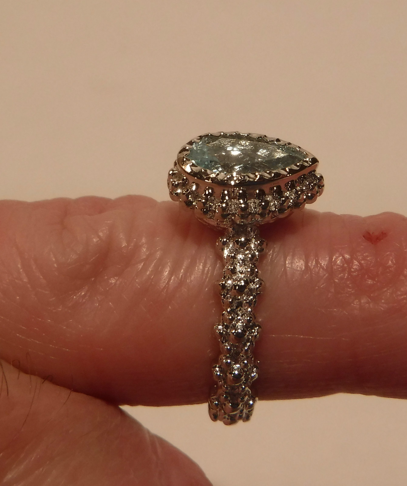 New 1.45CT Pear Cut Aquamarine (Beryl) & Platinum Over Sterling Silver 925 Ring