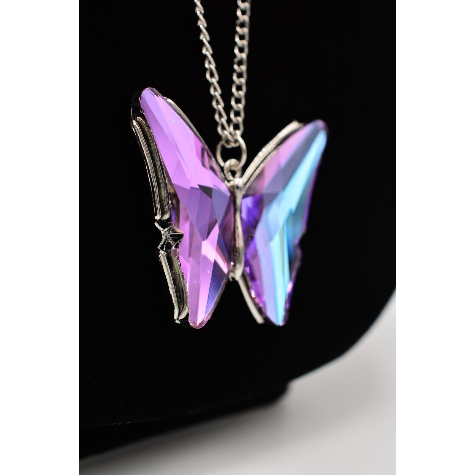 Vintage Crystal Butterfly Pendant Necklace Purple Blue Silver Chain 1990s Bin3C
