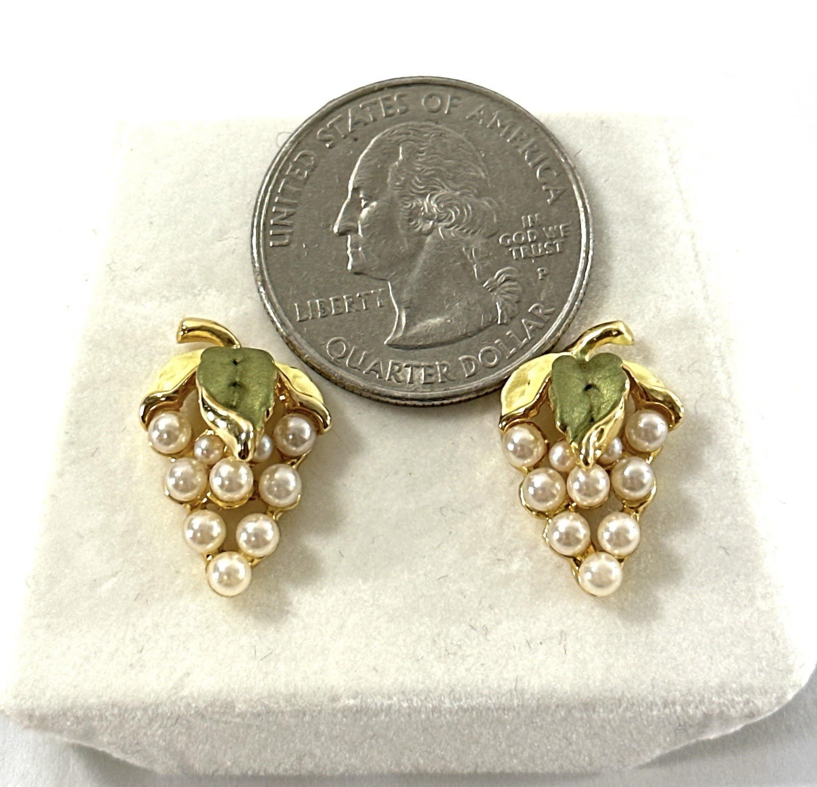 Vintage Faux Pearl Grape Cluster Earrings Gold Tone Green Leaves Stud Earrings