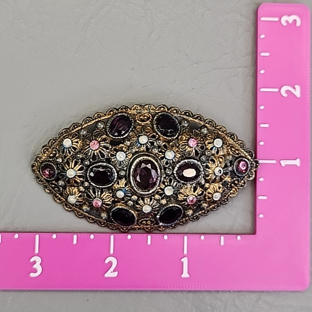 Vintage New England Glassworks Brooch Purple Rhinestones Needs Repair 3″
