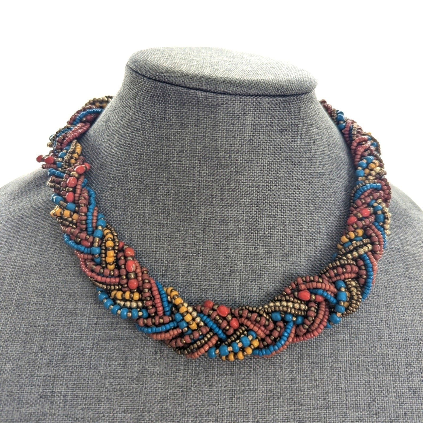 Bohemian Style Hippie Seed Bead Earth Tones Braided Collar Choker Necklace