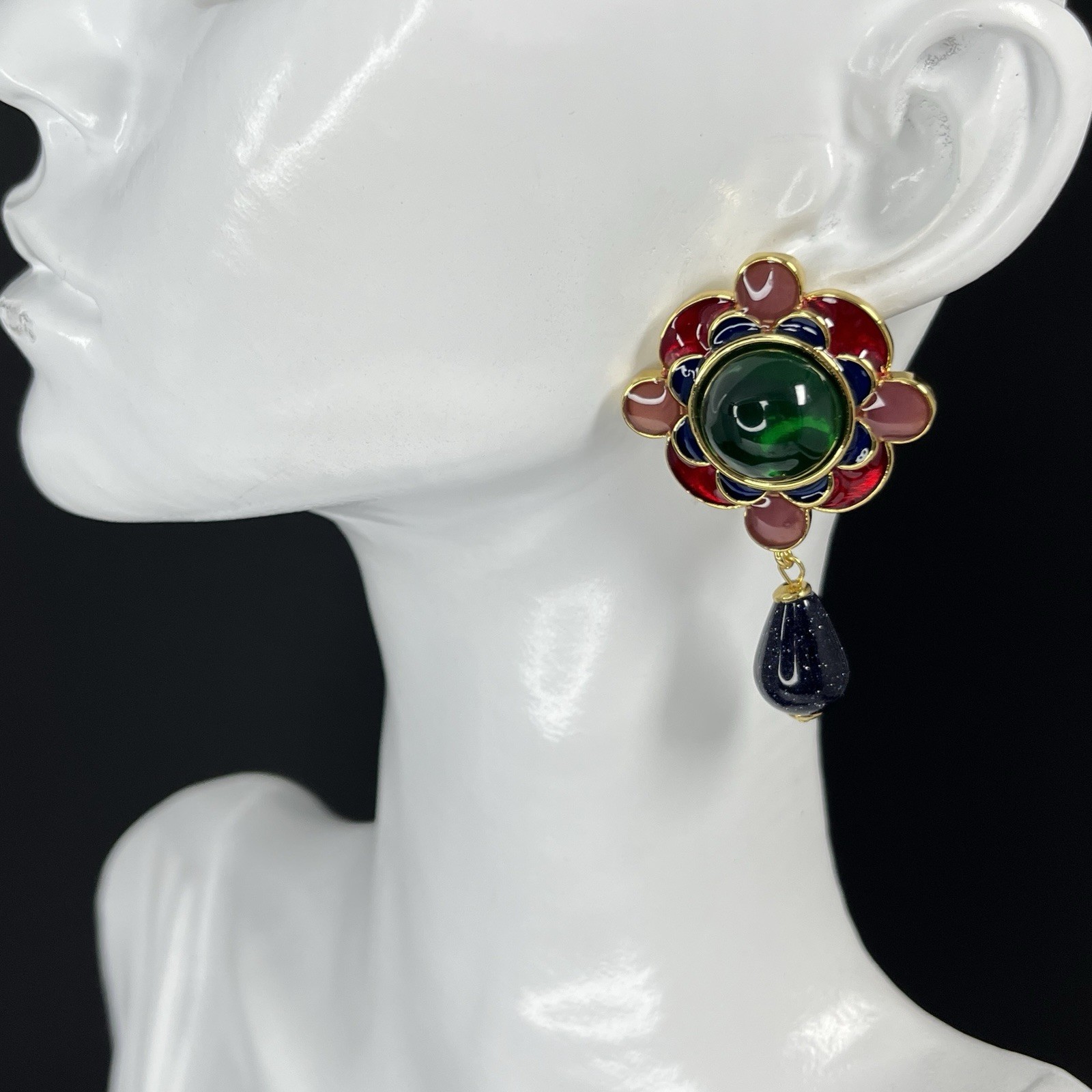Gripoix Style Flower Earrings Enamel Glass Green Pink Gold Tone Cabochon Pierced