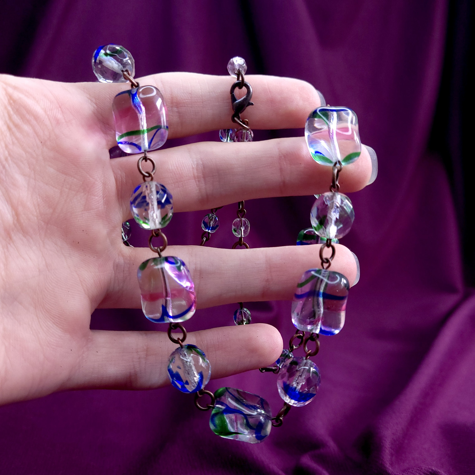 Art Deco Style Iris Glass Necklace 22inch Multicolor Glass Czech Old Beads