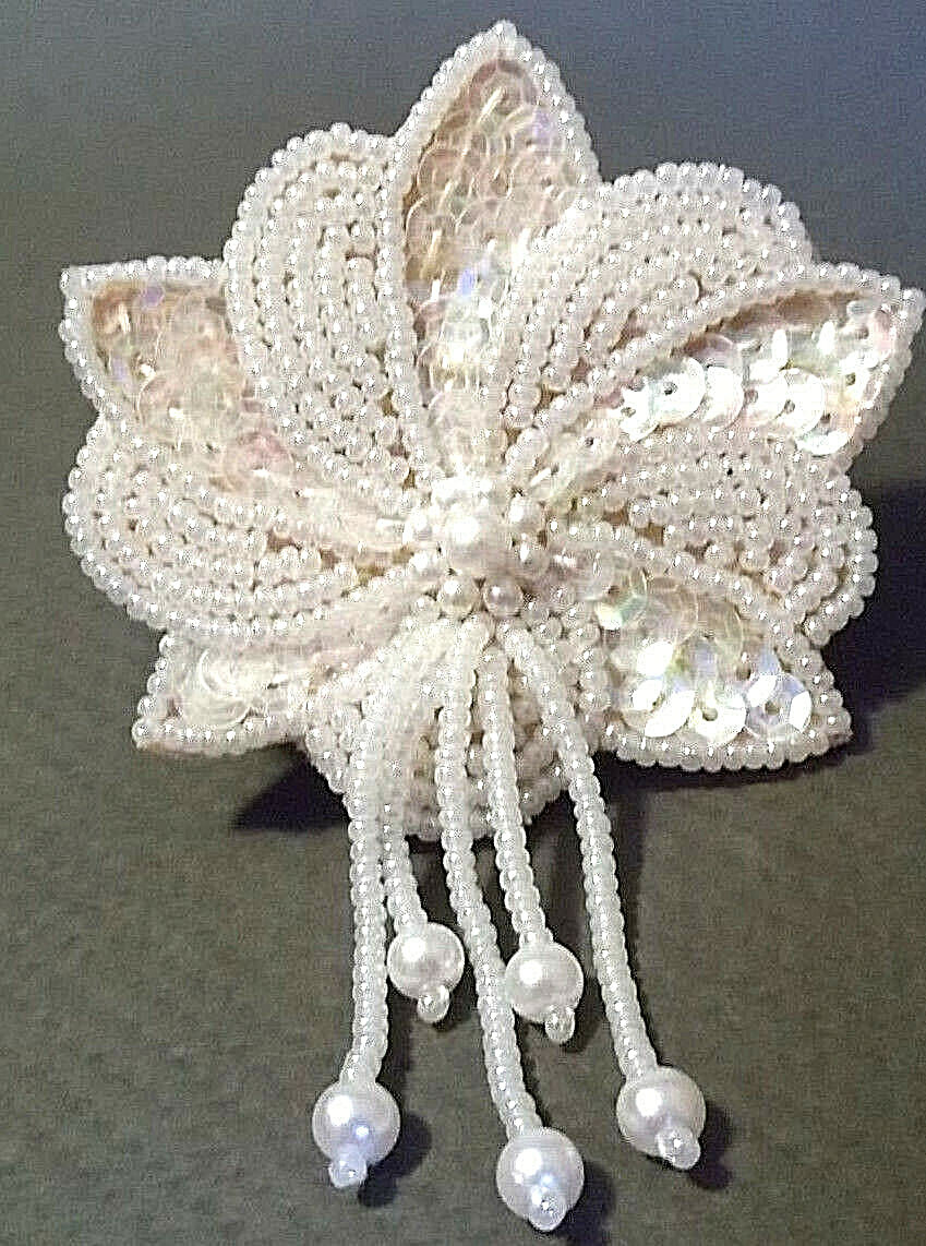 WHITE GLASS BEAD & SEQUIN BROOCH/ PIN-,pearlized seed beads ,satin back