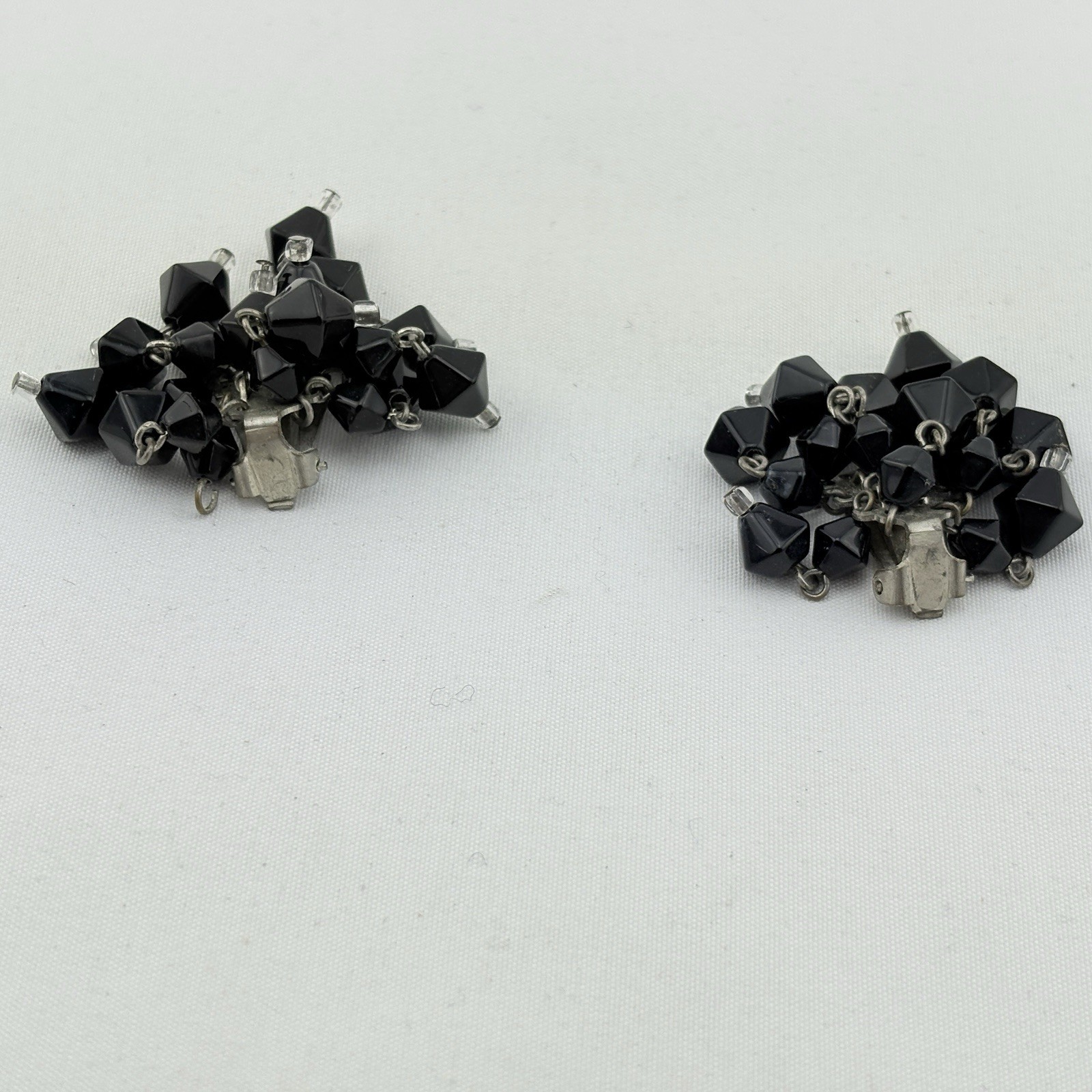 Vintage Japanese Black/Clear Glass Bead Cluster Dangle Earrings Clip On