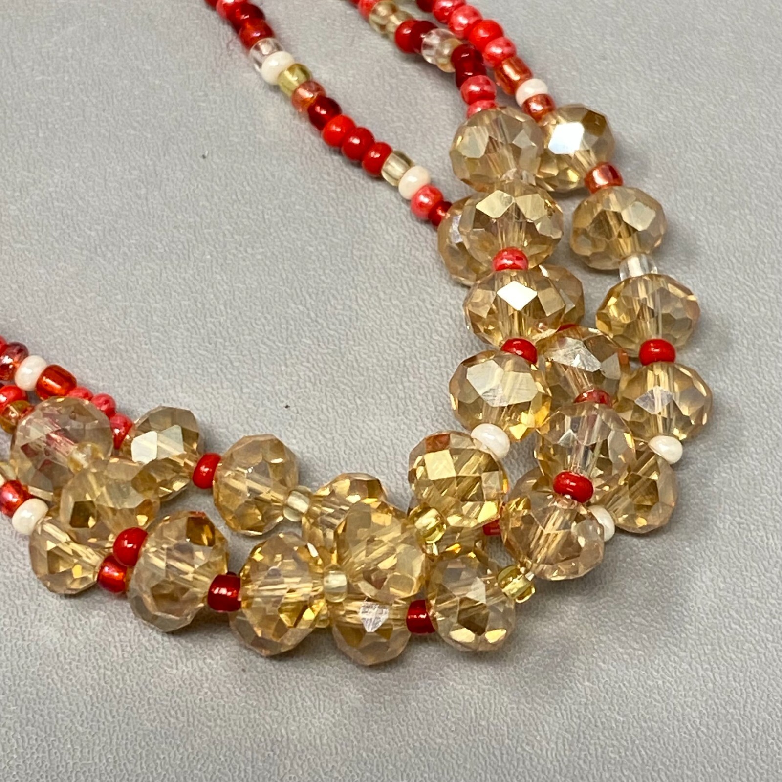 Artisan Seed Bead Bracelet Multi Strand Red Cream Faceted Button Hook Clasp 7.25