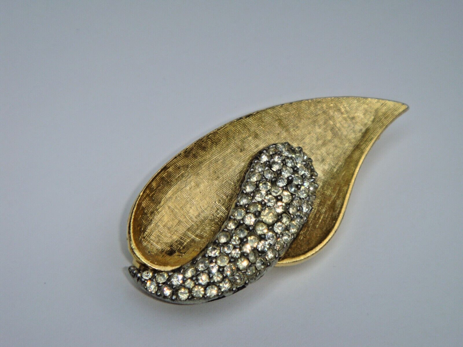 Leaf Pin-Brooch Brushed Yellow Gold-Tone with Crystal Rhinestones Signed B.S.K.