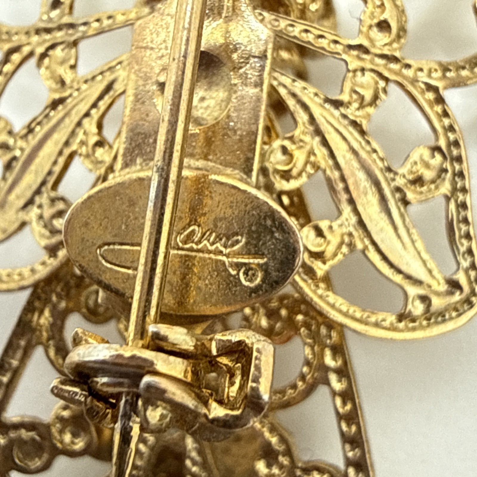 Vintage JANE Angel Brooches Ornate Bronze & Gold Tone Filigree Pins Lot of 2