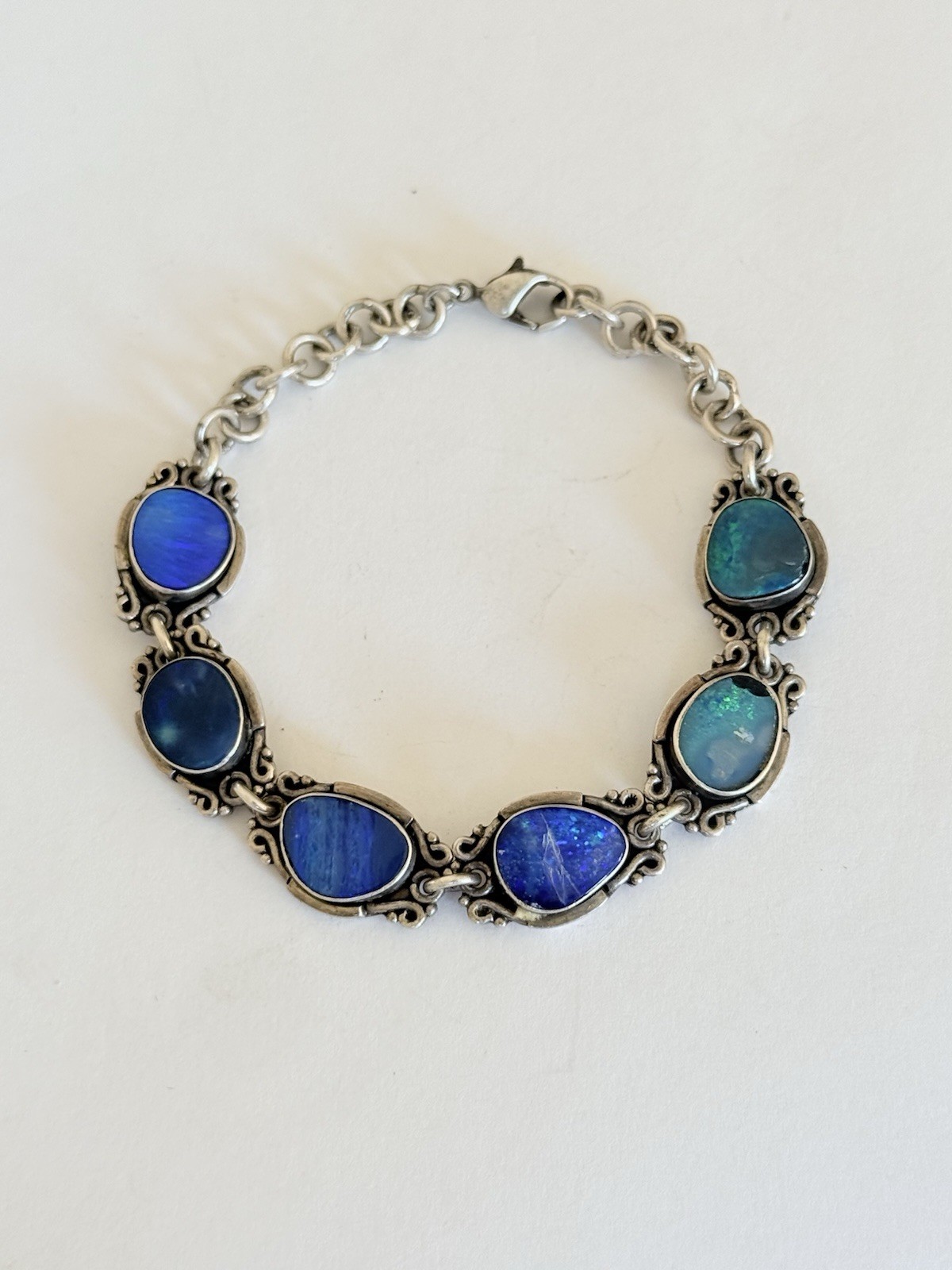 Vintage Sterling Silver Blue Australian Opal Link Bracelet 7”