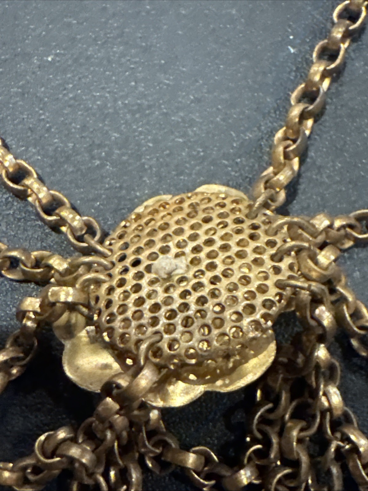 ANTIQUE VINTAGE FESTOON NECKLACE GOLDWASH BRASS FILIGREE ROSETTES DANGLES