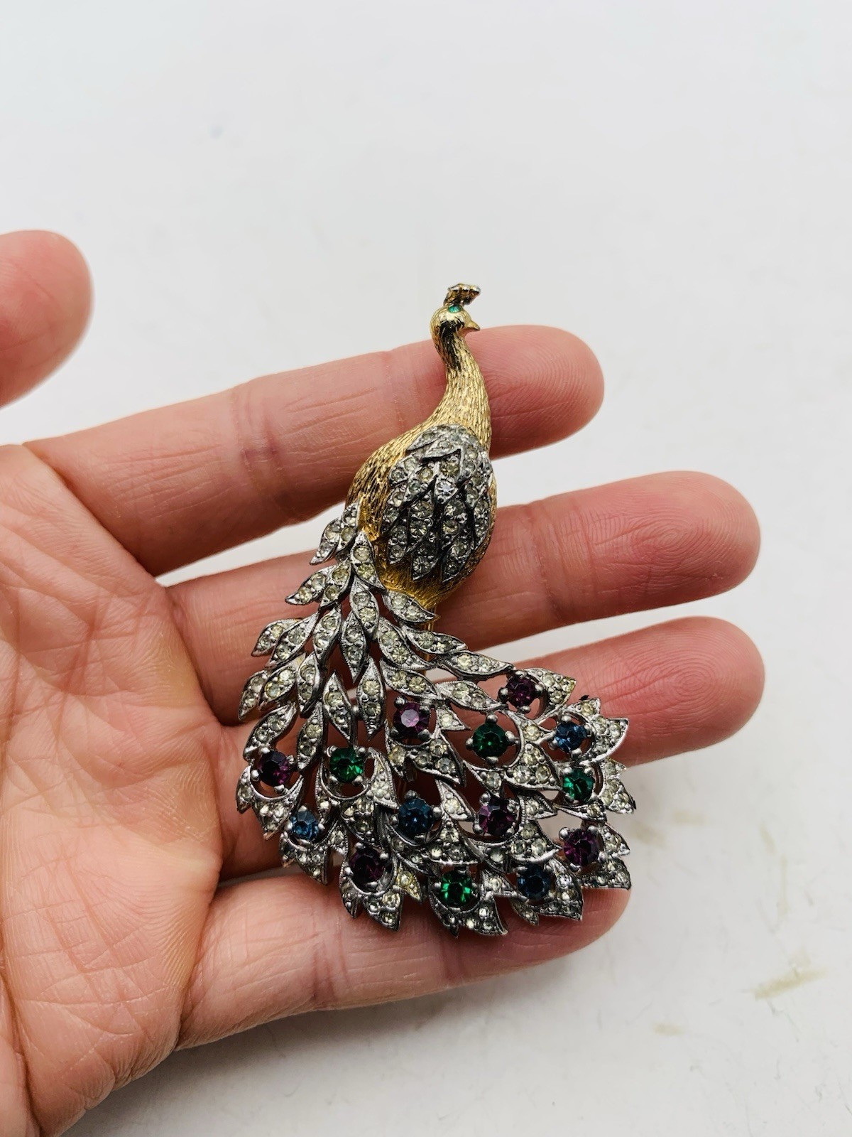 Vintage Signed Panetta Peacock Bird Crystal Gold Tone Blue Purple Green Brooch