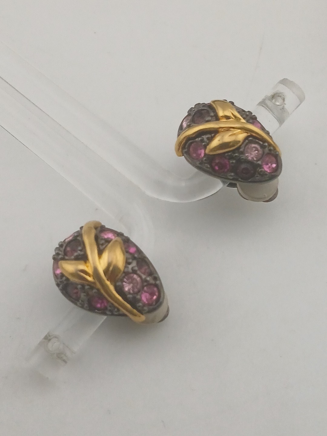 Joan Rivers Midnight Garden Egg gunmetal pink purple gold tone clip earrings