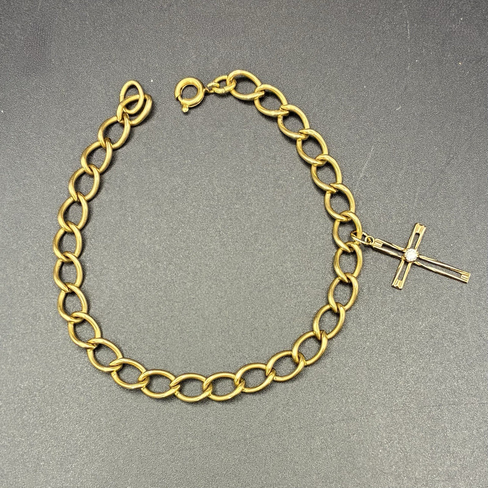 Vintage Estate 12k Gold Filled Starter Charm Bracelet + GF Cross Charm, 8” long