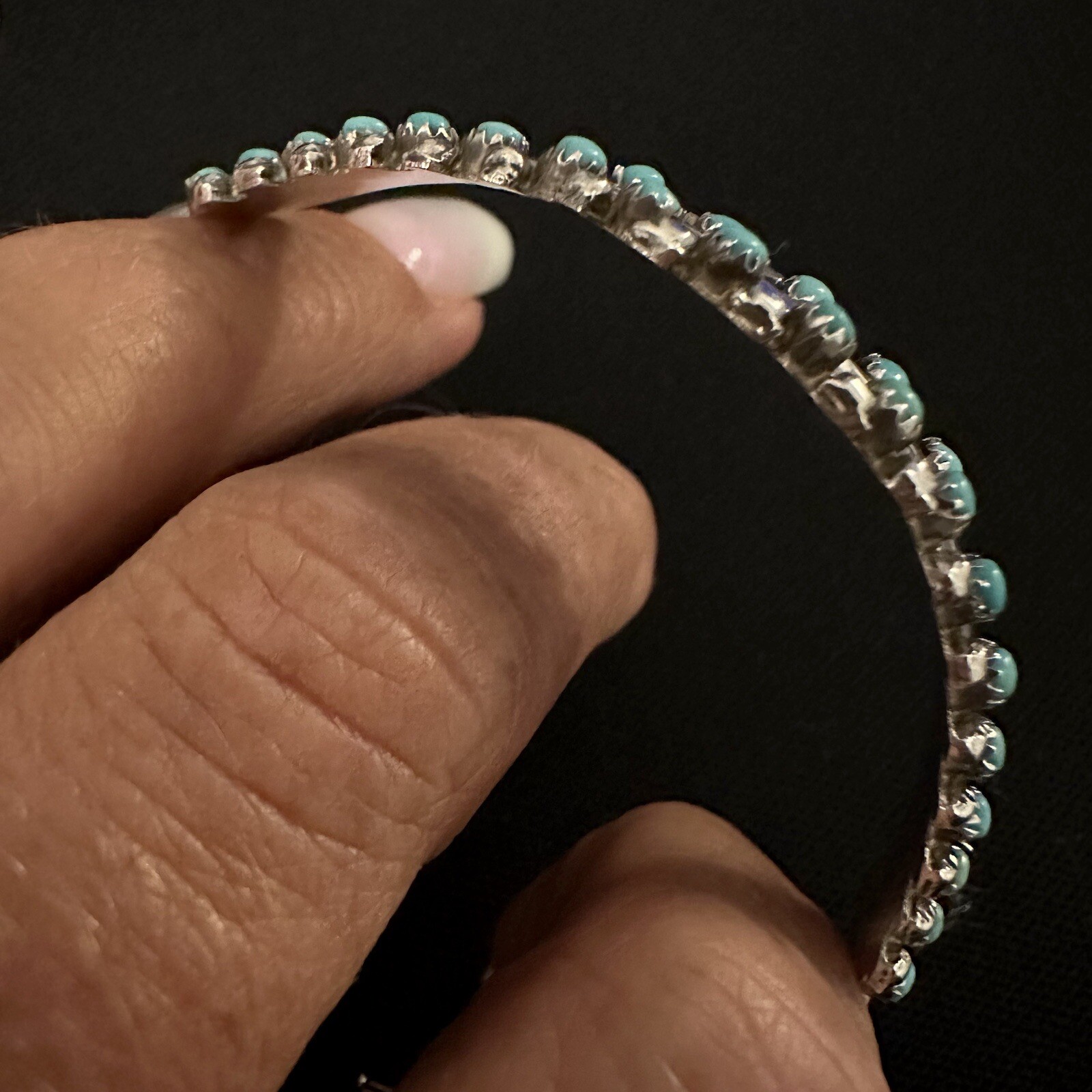 ESTATE STERLING NATIVE TURQUOISE SNAKE EYE ZUNI HENRIETTA QUETAWKI CUFF BRACELET