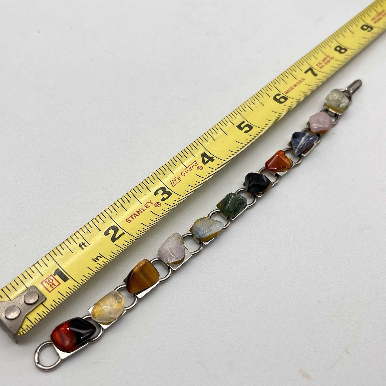 Vintage Multicolor Agate Bracelet Polished Stone Silver Tone Fits 6.75″ Wrist