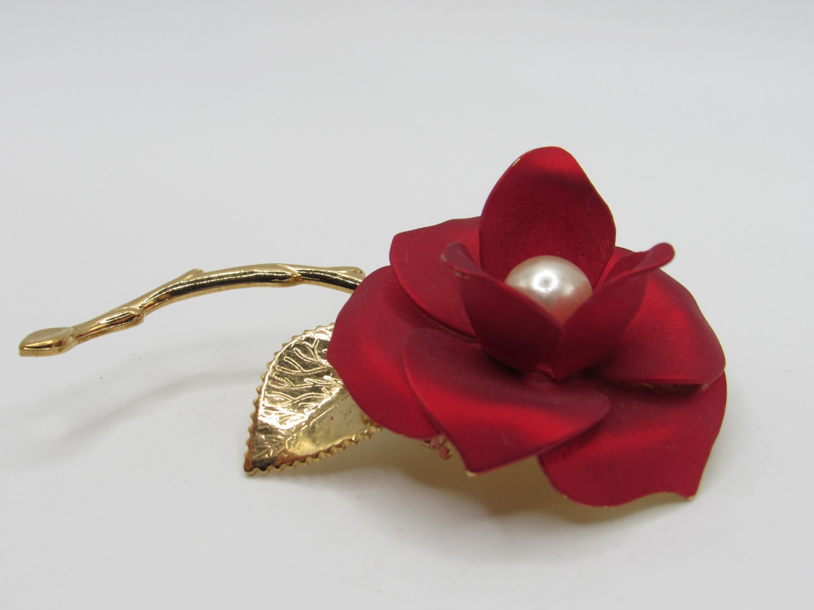 Vtg Red Satin Poppy Flower Pin Brooch Large Layered 3D Flower Power 2 3/4″