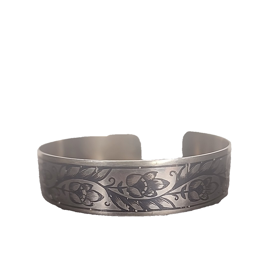 Vintage Soviet era 875 Sterling Silver Cuff Bracelet Niello Floral Design russia