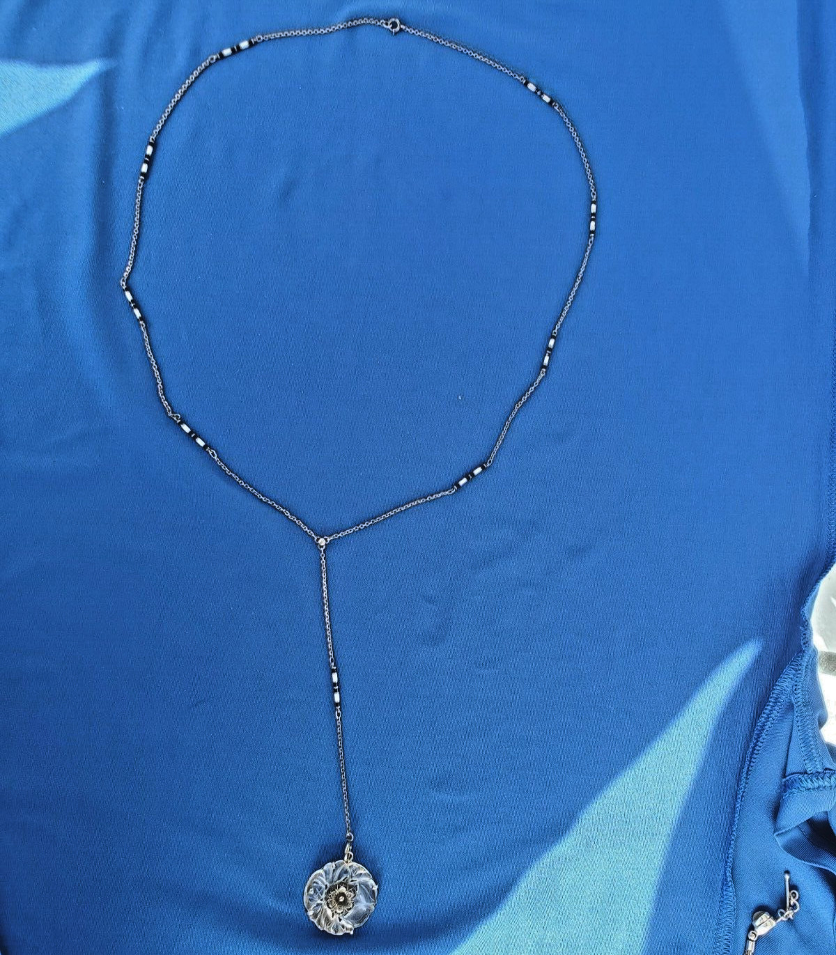ORIGINAL Deco Guilloche Enamel STERLING SILVER 925 Necklace Antique Chain 24″ IN