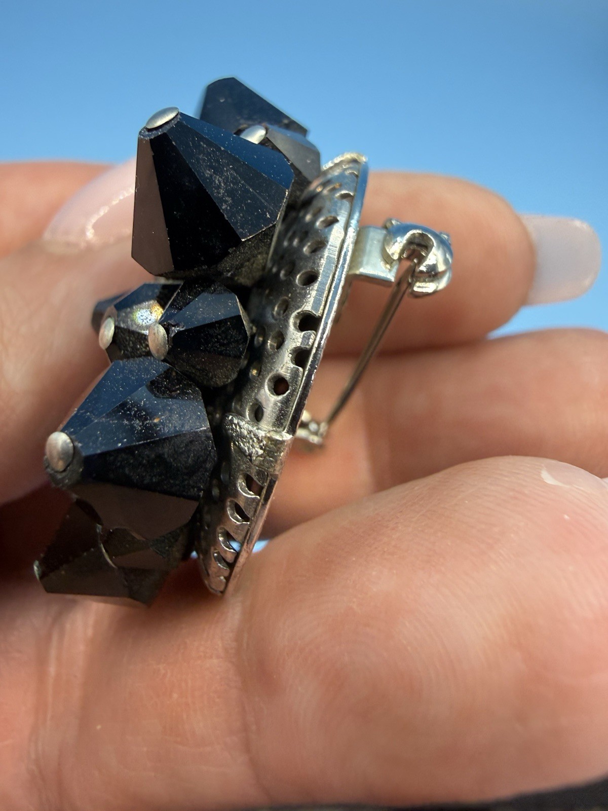 Vintage Black Faceted Glass Flower Star Pin Brooch 1 1/2 inches Across