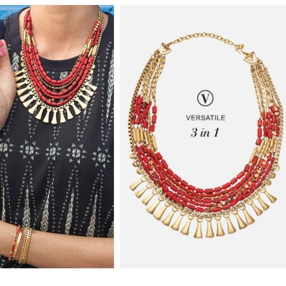 STELLA & DOT Bliss Necklace Convertible 3 in 1 Multi Strand Coral Gold Tone 20″