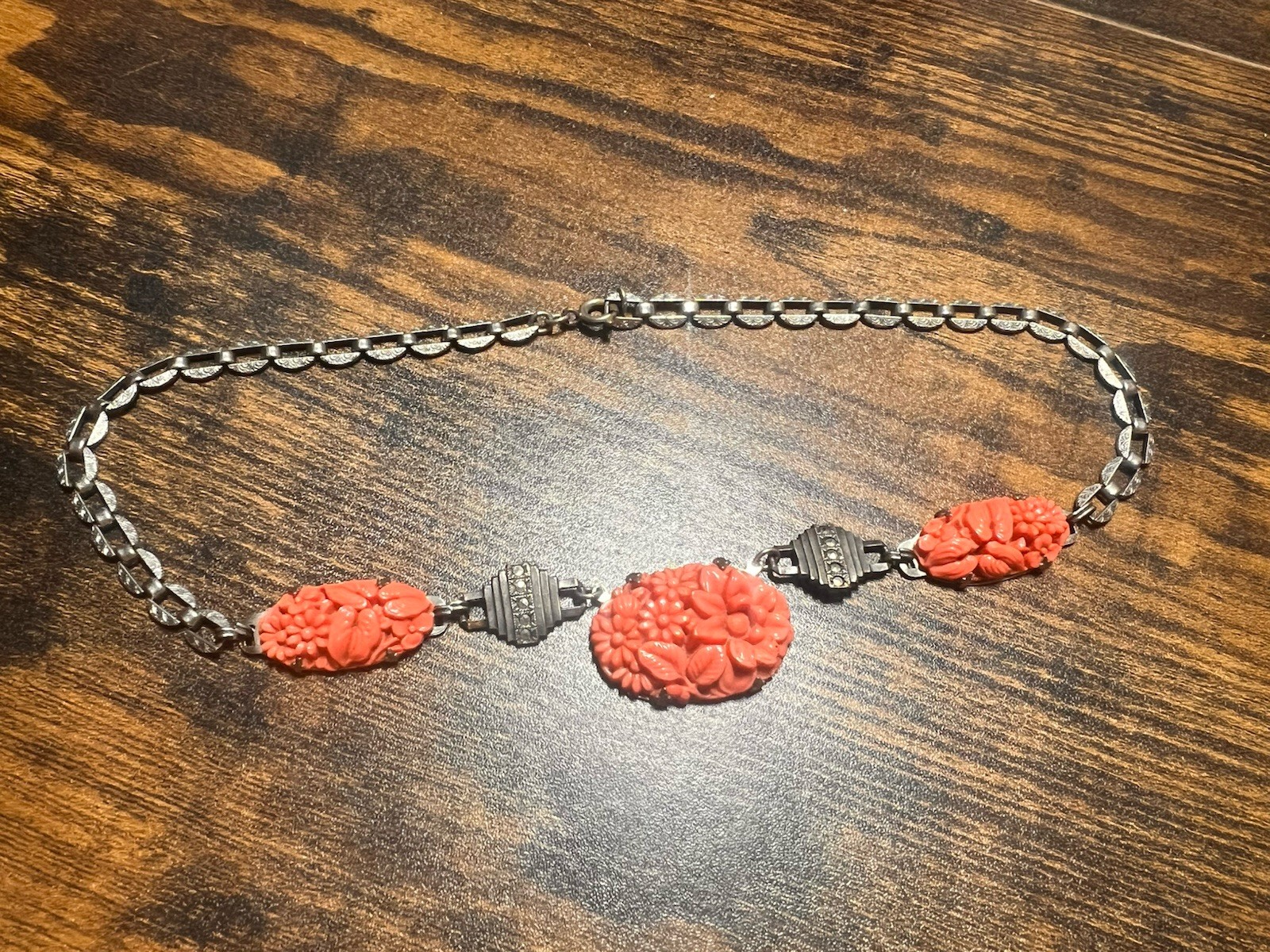1930’s Deco Sterling Marcasite Coral Glass Necklace Flowers 16”