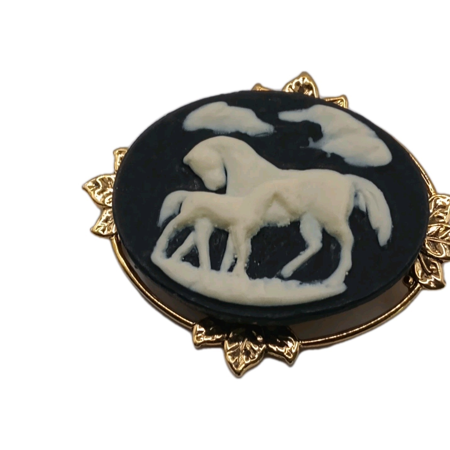 Vintage Horse & Foal Cameo Brooch Pendant White Gold Tone Leaf Frame 2 by 1 1/2