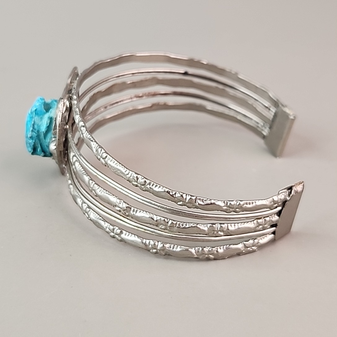 Scarab Cuff Bracelet Faience Blue Clay Wire Heart Silver Tone 7.75″