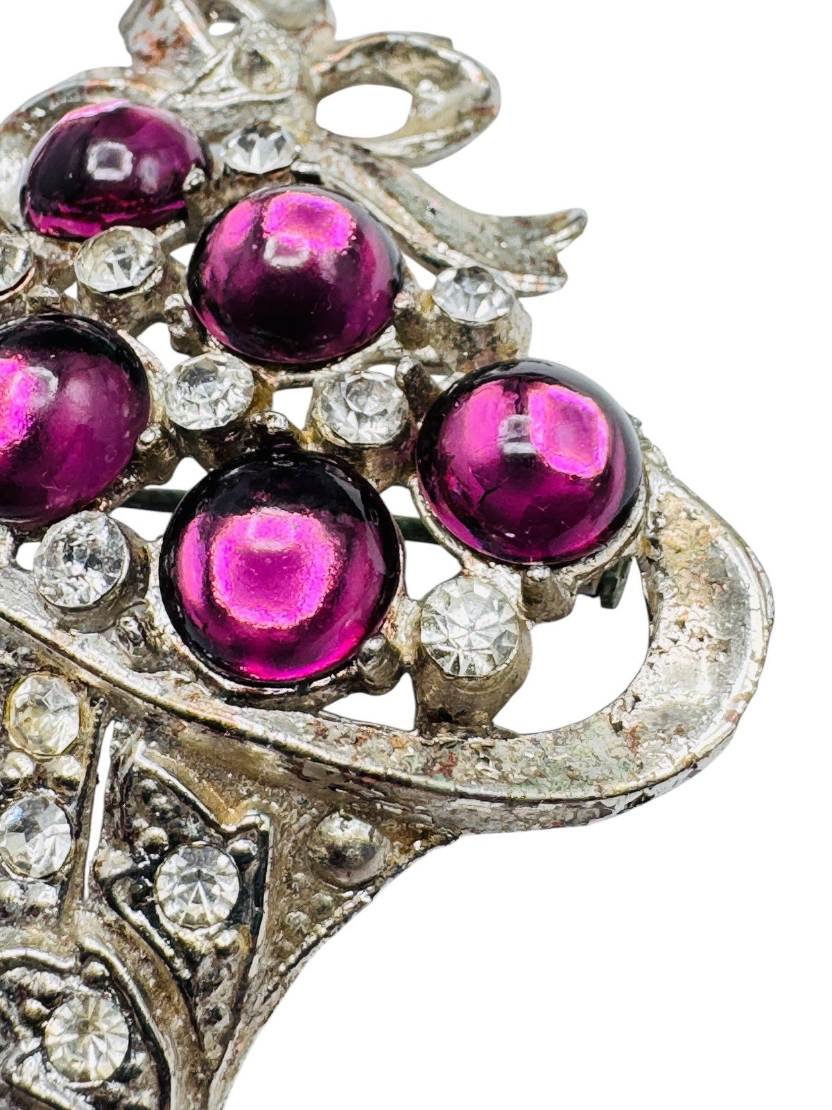 Vintage Coro? Purple Glass Cabochon Rhinestone Flower Basket Brooch c1940s