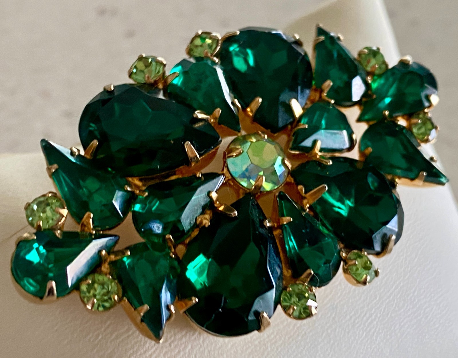Vintage Emerald Green AB Rhinestone Brooch Faceted Marquise Prong Set