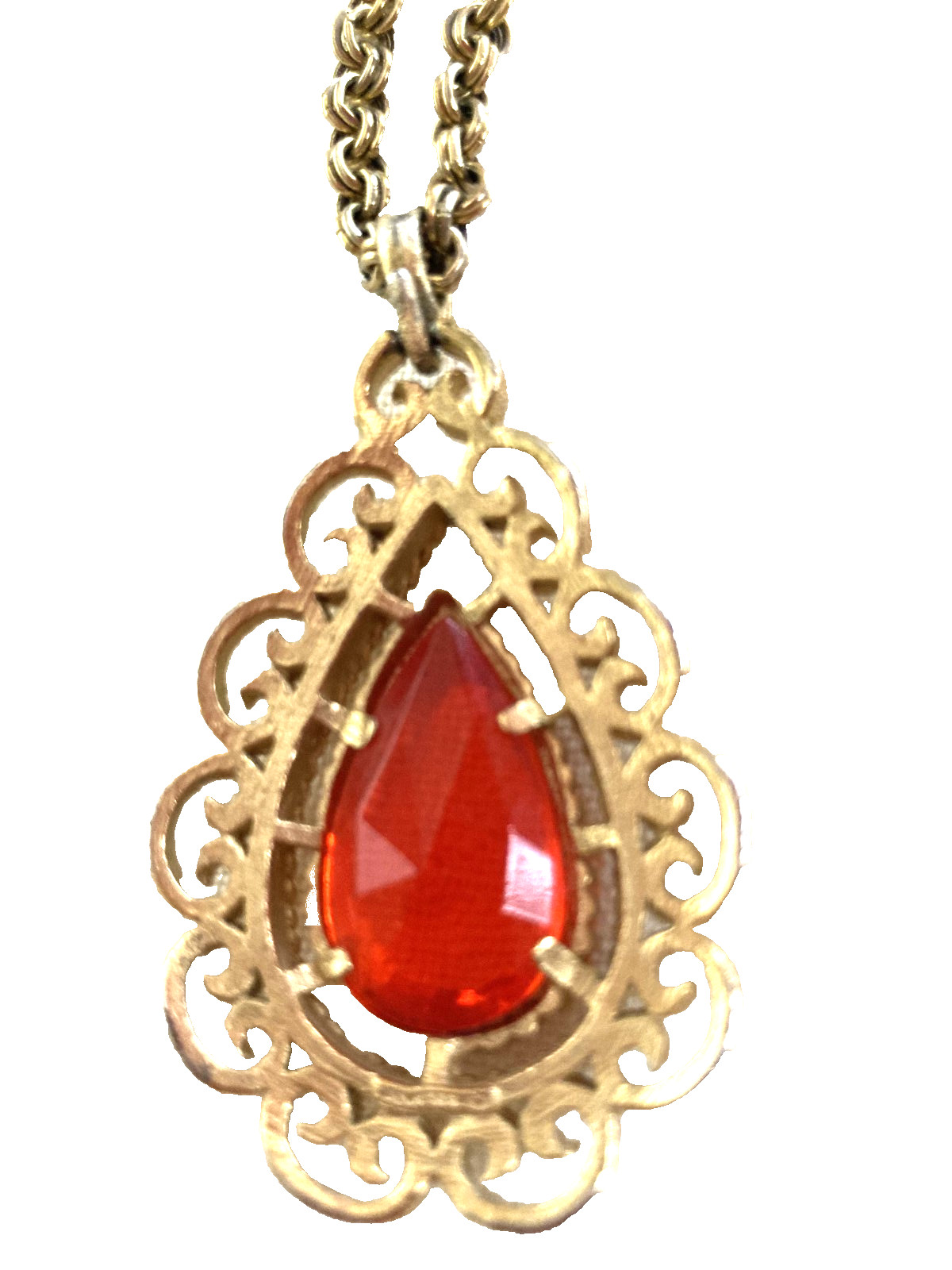 Vintage Granada AVON Teardrop Necklace-Lg Red/Orange Stone-Gold Tone Dubl Chain