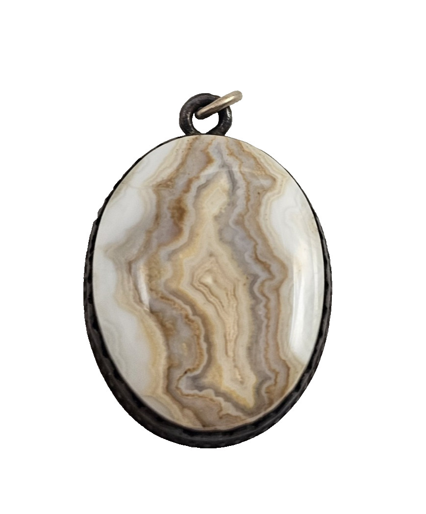 VINTAGE STERLING PENDANT WHITE & BROWN STONE OVAL ESTATE JEWELRY COLLECTIBLE