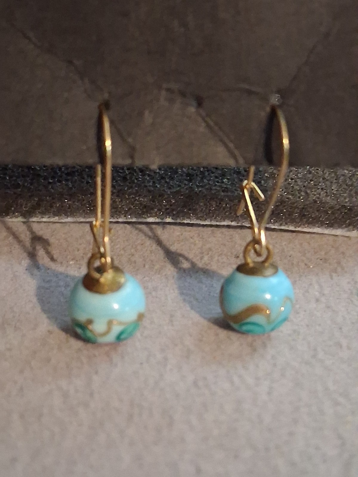 Turquoise blue lampwork bead dangle drop earrings w/pink flower, gold-plate earw