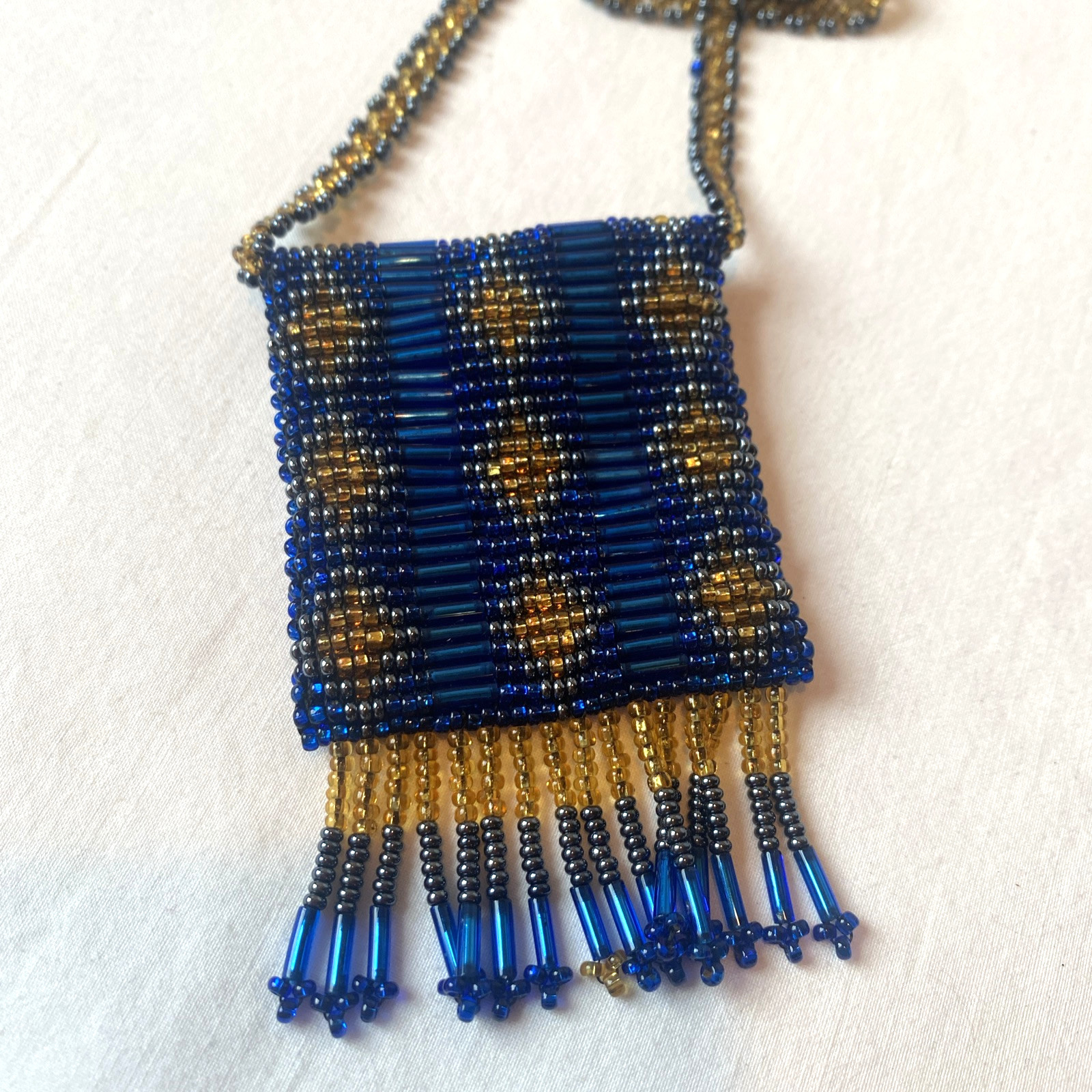 Vintage Blue & Gold Seed Bead Purse Pendant Necklace