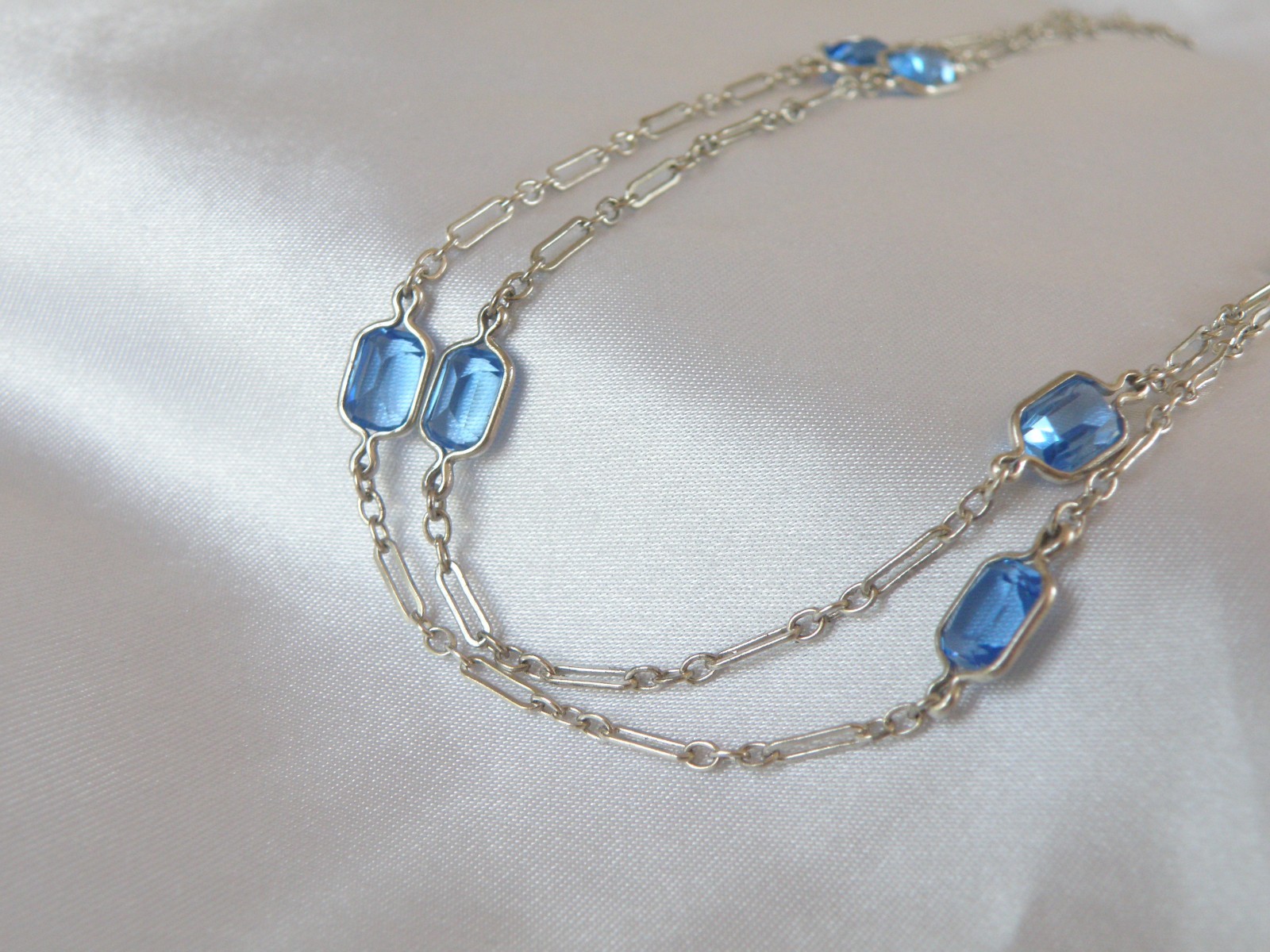 Antique Sterling Silver 925 Blue Gemstone Station Vintage Paperclip Necklace 25″