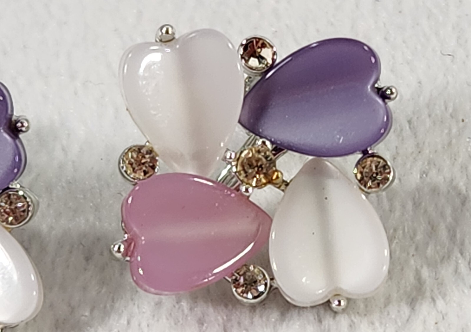 Lisner Signed 4 Heart Purple Pink White Lucite & Rhinestones Earrings Screw Back
