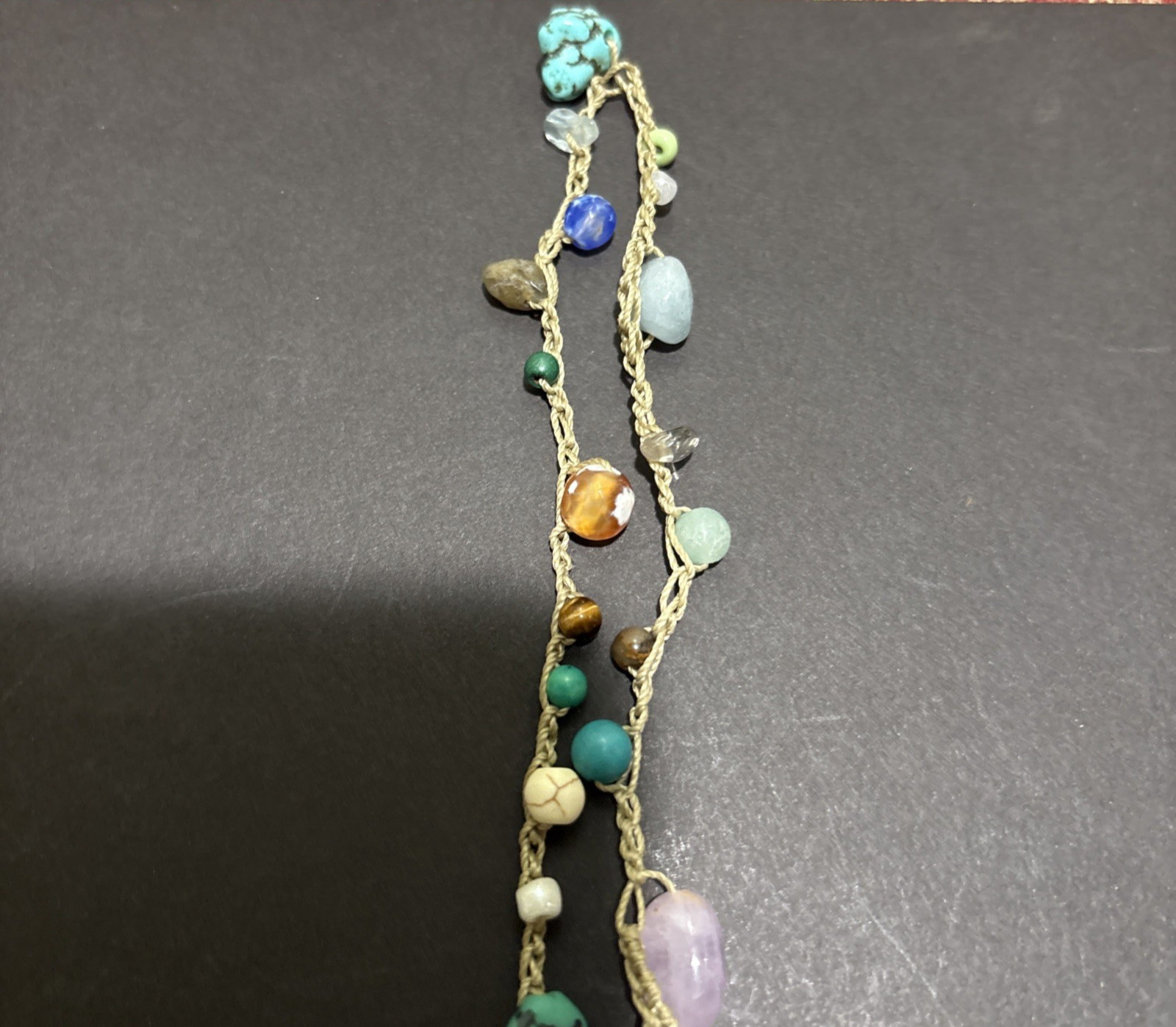 VTG HANDMADE BOHEMIAN STYLE HEMP CORD NECKLACE WITH NATURAL GEMSTONES 40″