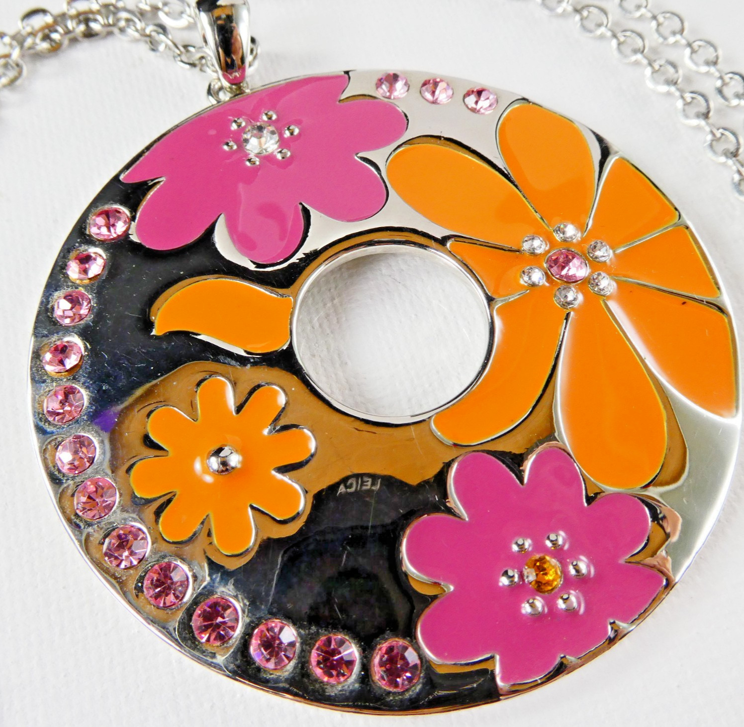 Lia Sophia Enamel Flower Pendant Retro Style Flower Power Silver Tone Necklace