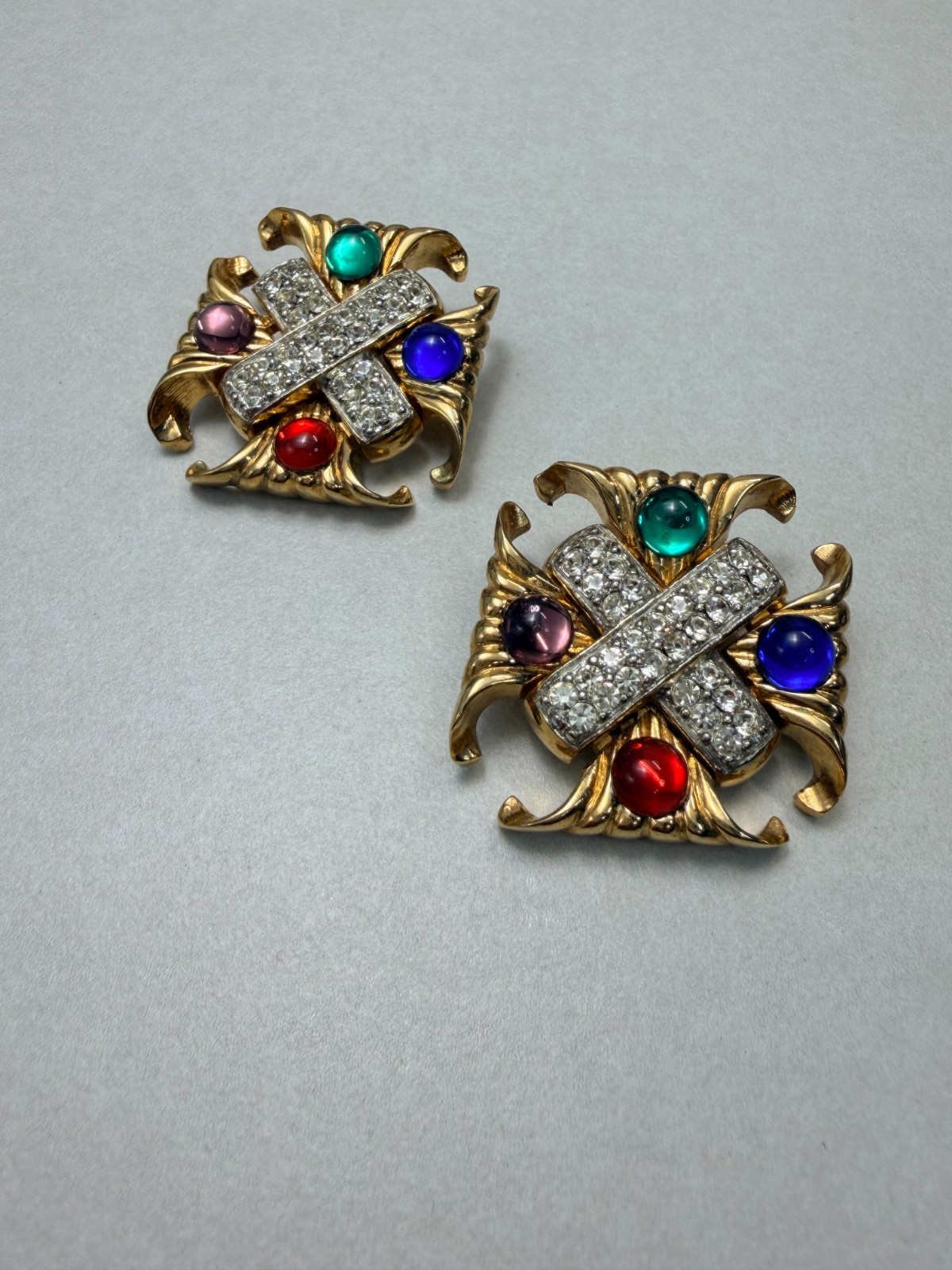 Vintage 80s Multicolor Gripoix Rhinestone X Clip On Earrings Statement