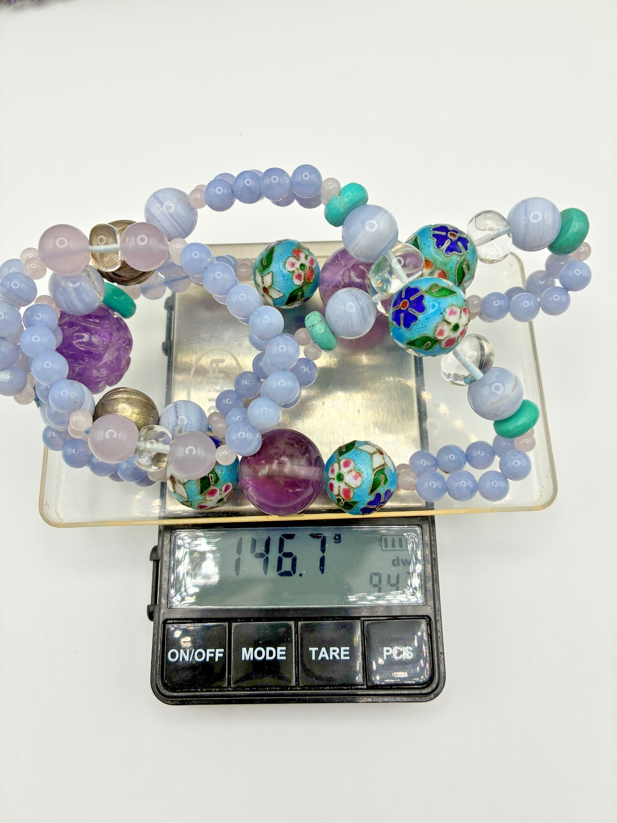 Amazing Chinese Enamel Silver Cloisonne Amethyst Turquoise Blue Agate Necklace