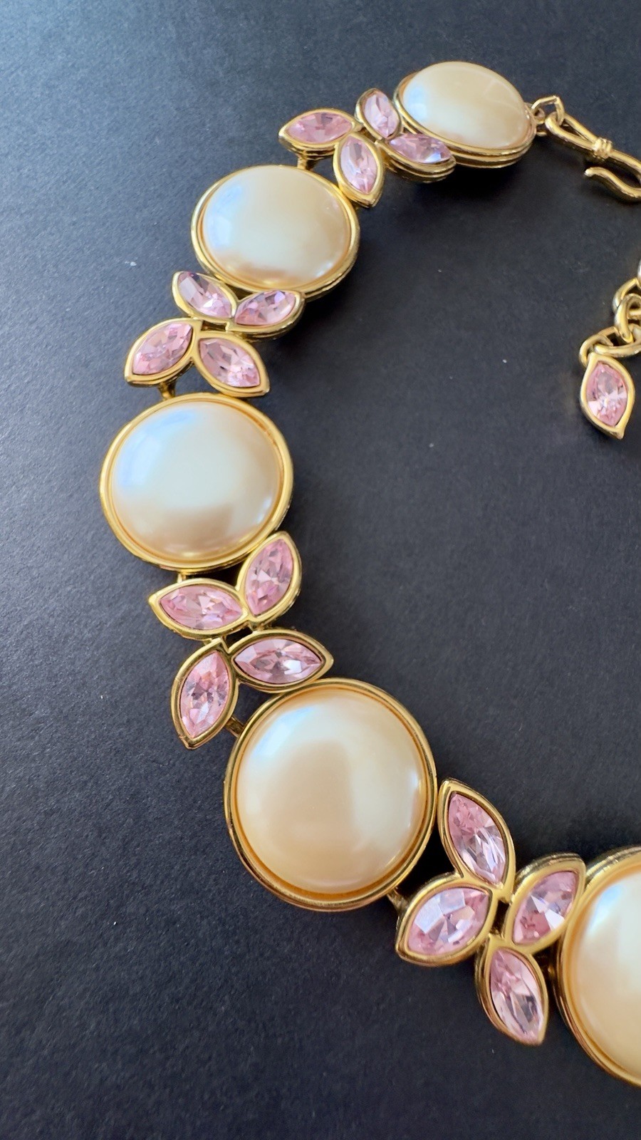 Vintage Monet Runway Necklace Faux Pearls Pink Crystal Gold Tone Statement